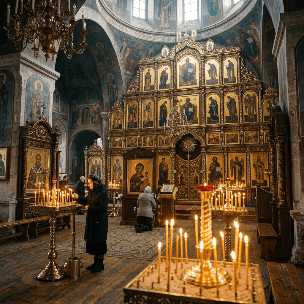 People lighting candles in an Orthodox church with golden iconostasis