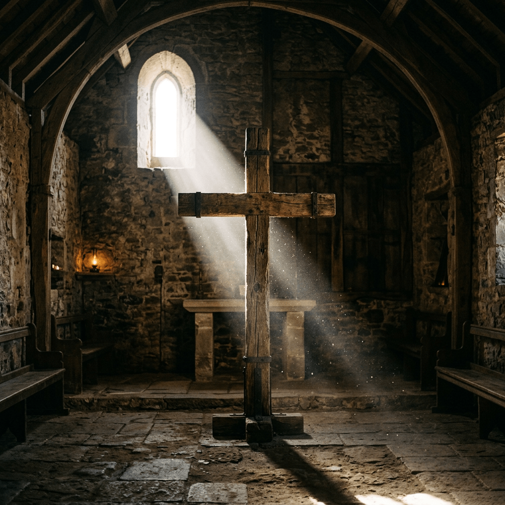 Wooden cross illuminated by sunlight in stone chapel interior