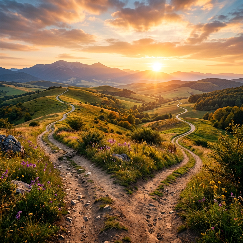 Winding dirt paths on green hills with wildflowers at sunset