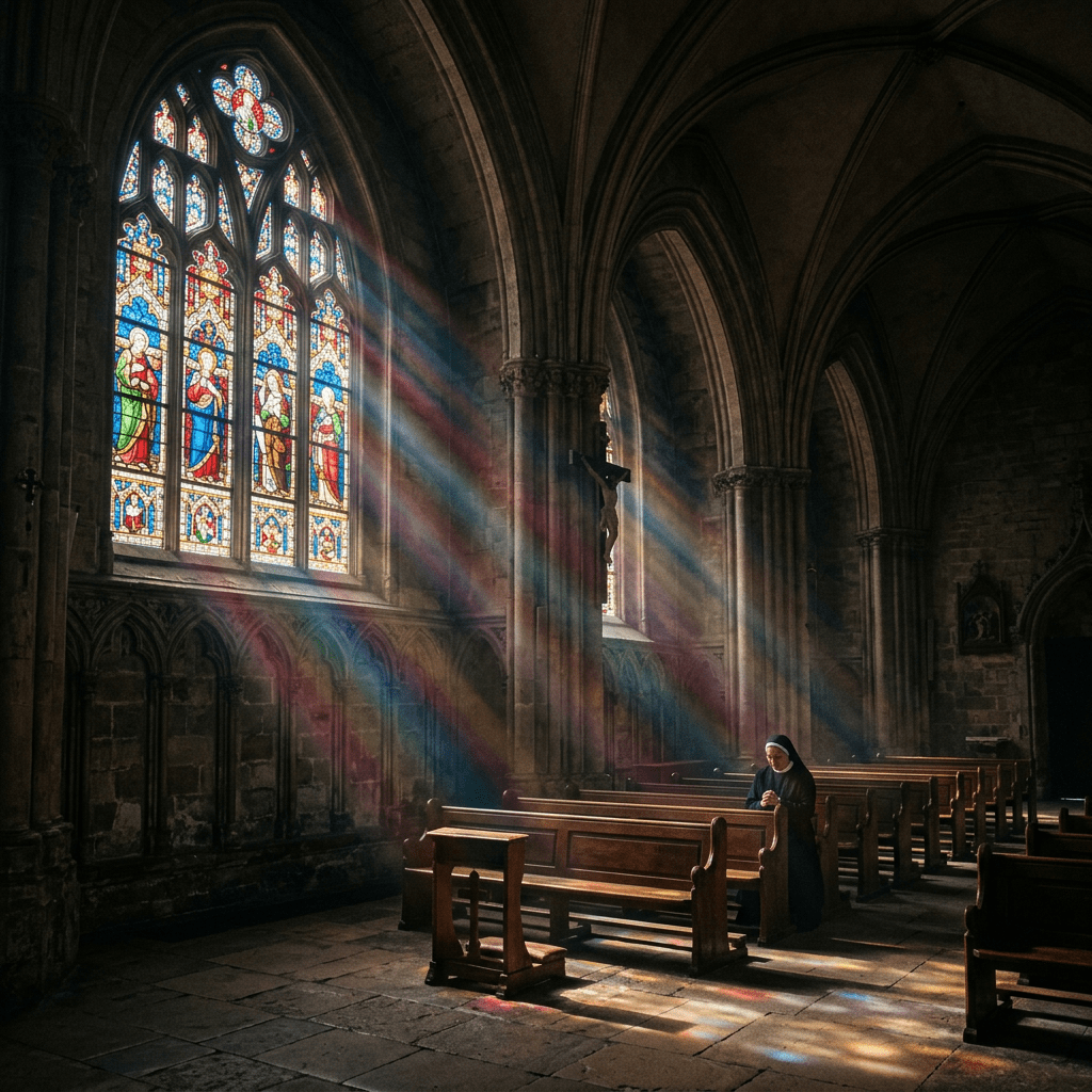 Nun kneeling and praying on wooden pew inside church with colorful light beams