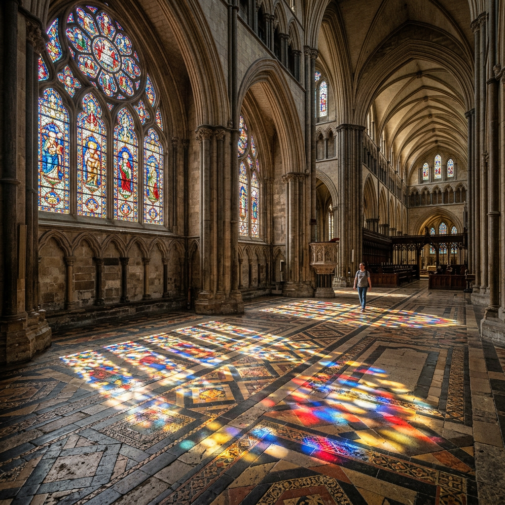 Colorful stained glass reflections on cathedral floor with person walking