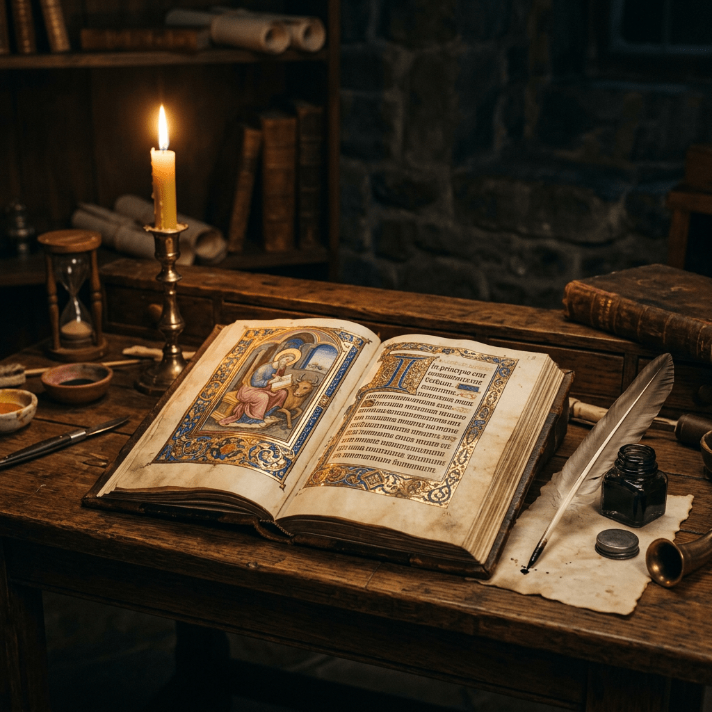 Open medieval illuminated manuscript with ornate decorations on wooden desk with quill and ink
