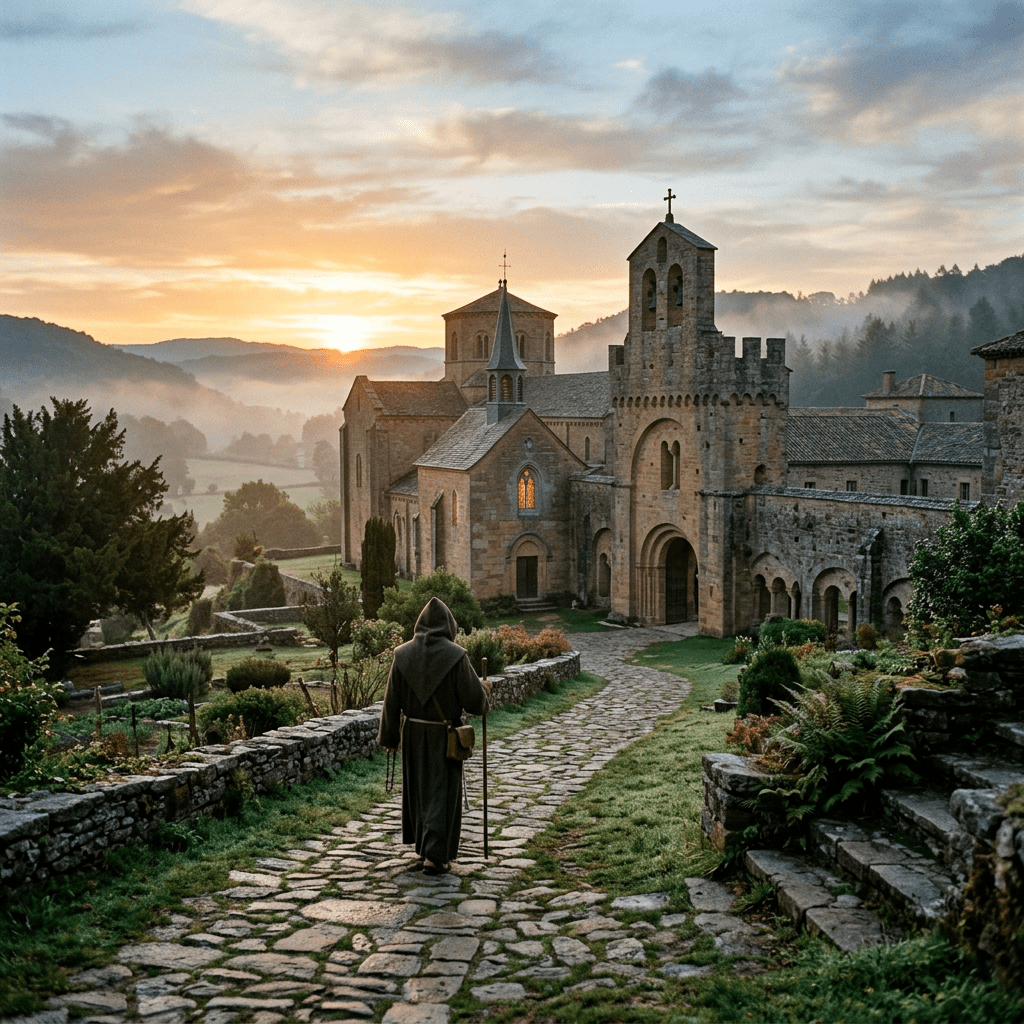 Monk in brown robe walking on cobblestone path toward historic stone monastery at sunrise