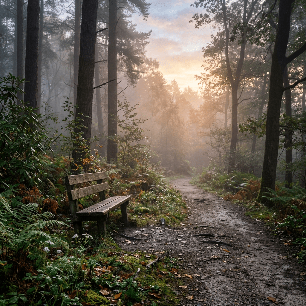 Wooden bench beside a dirt path in a misty forest at sunrise