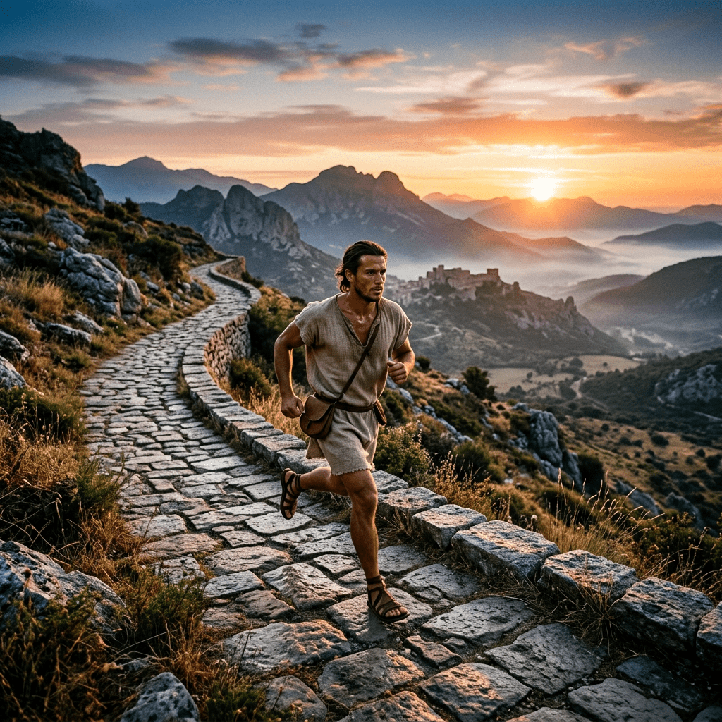 Man in ancient clothing running on rocky mountain trail at sunrise