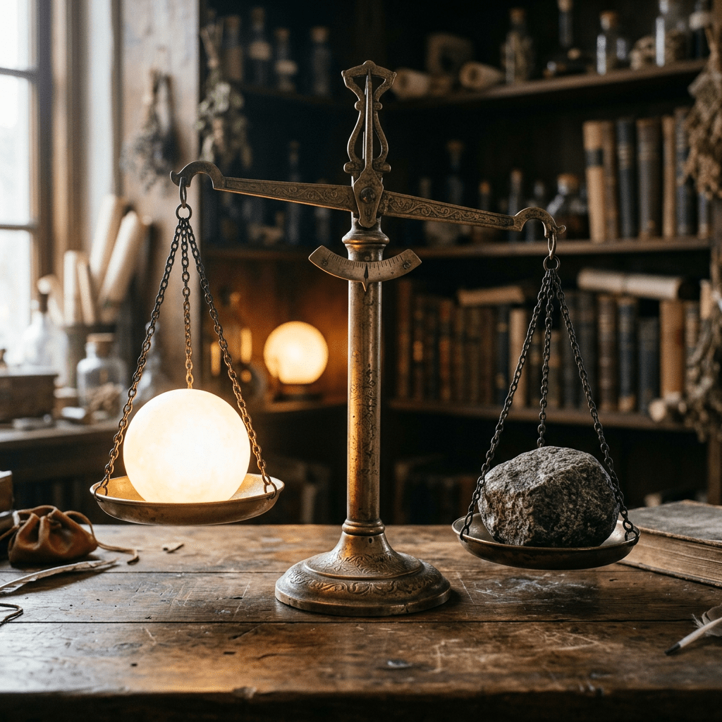 Antique brass balance scale with glowing orb on one side and large rock on the other