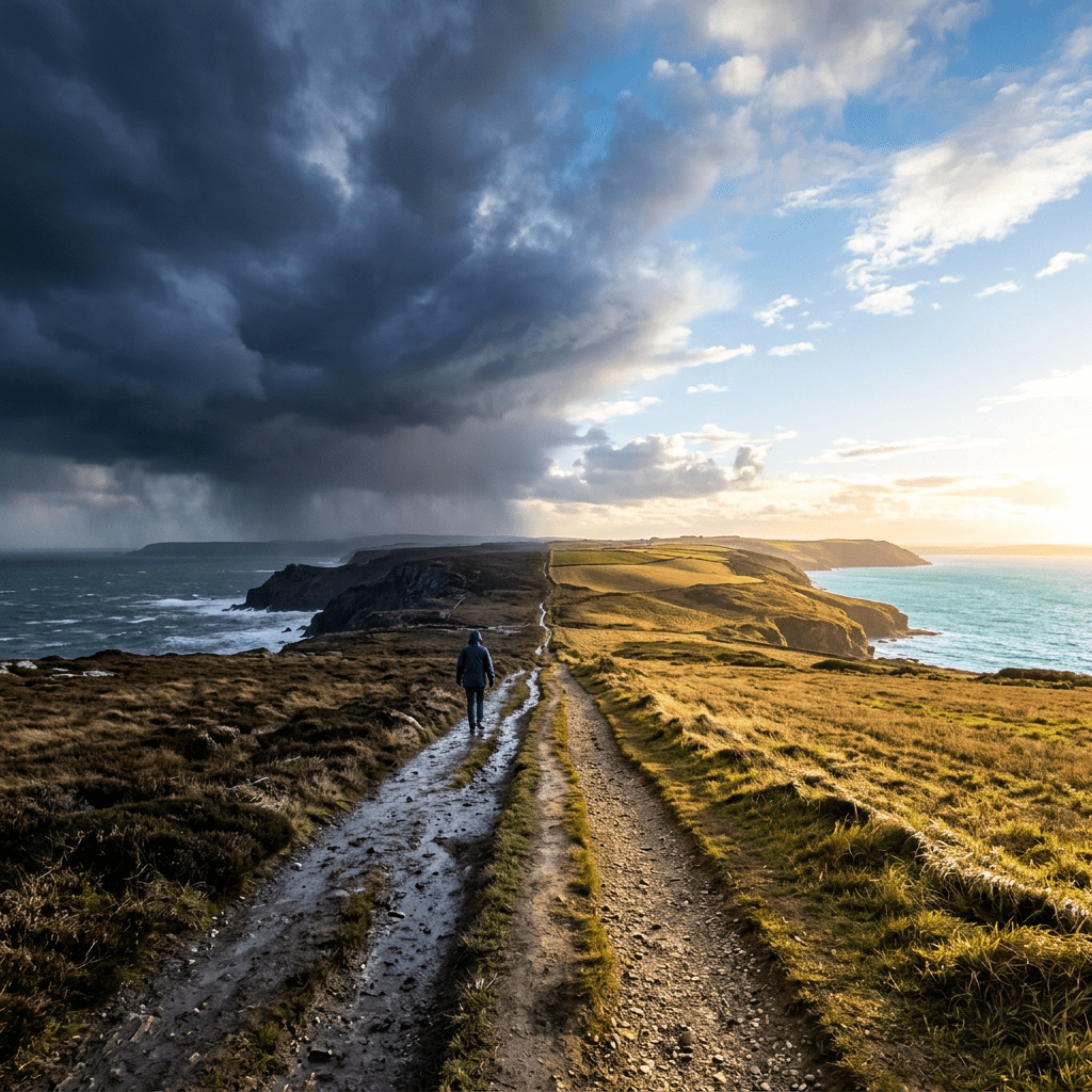 A person walking on a dirt path along a coastal cliff with dark clouds on one side and sunlight on the other