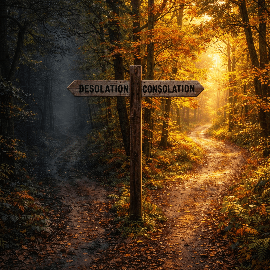 Wooden signpost in forest with 'Desolation' pointing left to dark path and 'Consolation' right to sunlit path