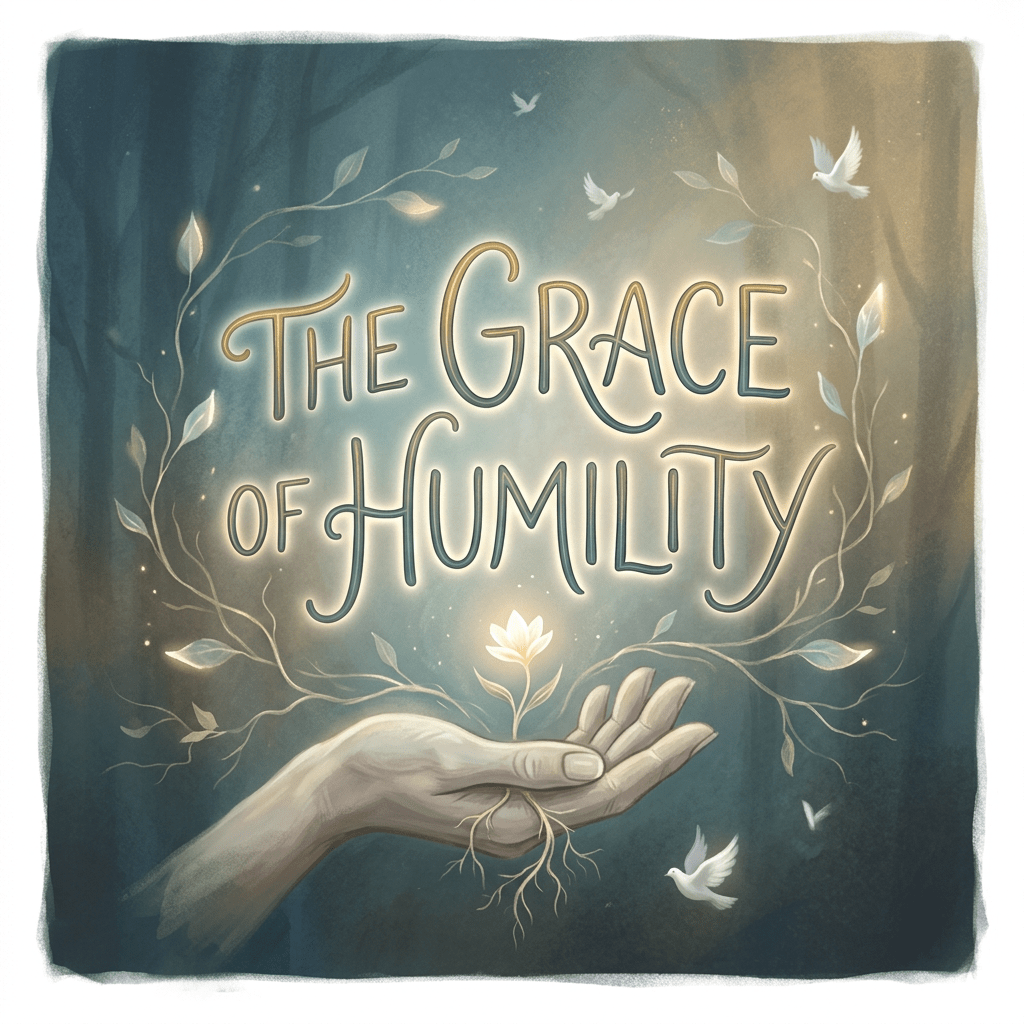 An open hand holding a glowing flower with 'The Grace of Humility' text surrounded by delicate leaves and white doves