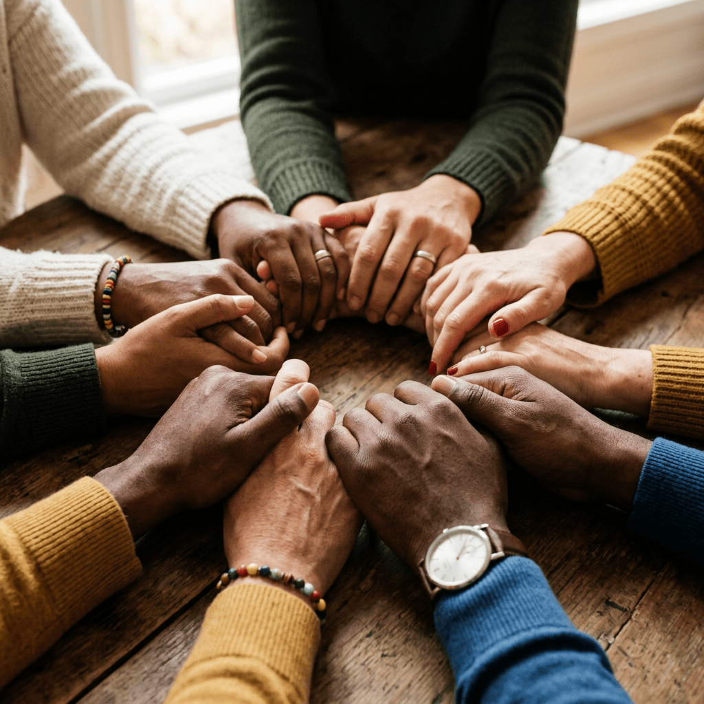 Multiple diverse hands holding each other in a circle on a wooden table