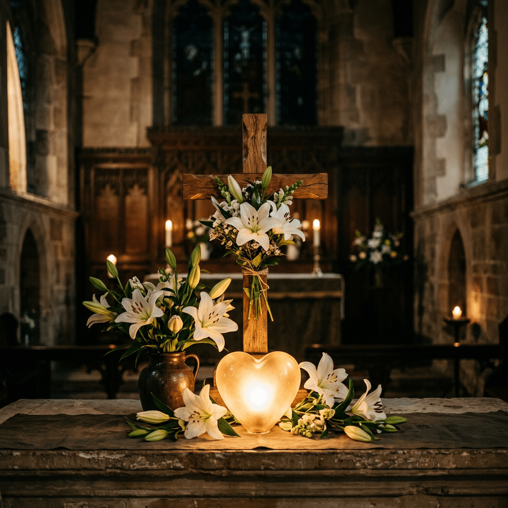 Wooden cross with white lilies and illuminated heart on church altar