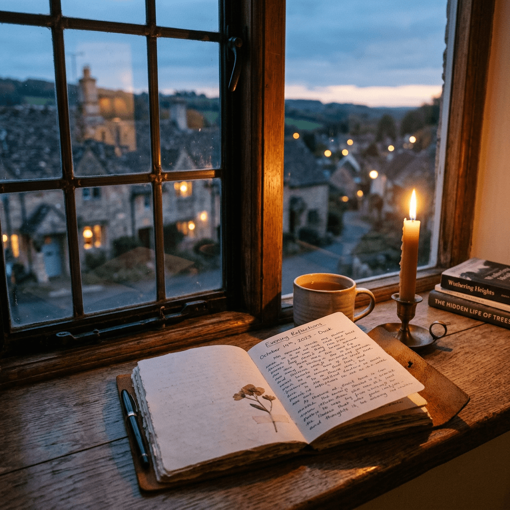 Open journal with handwritten text and pressed flowers, lit candle, tea cup, and books on a wooden windowsill overlooking a village at dusk