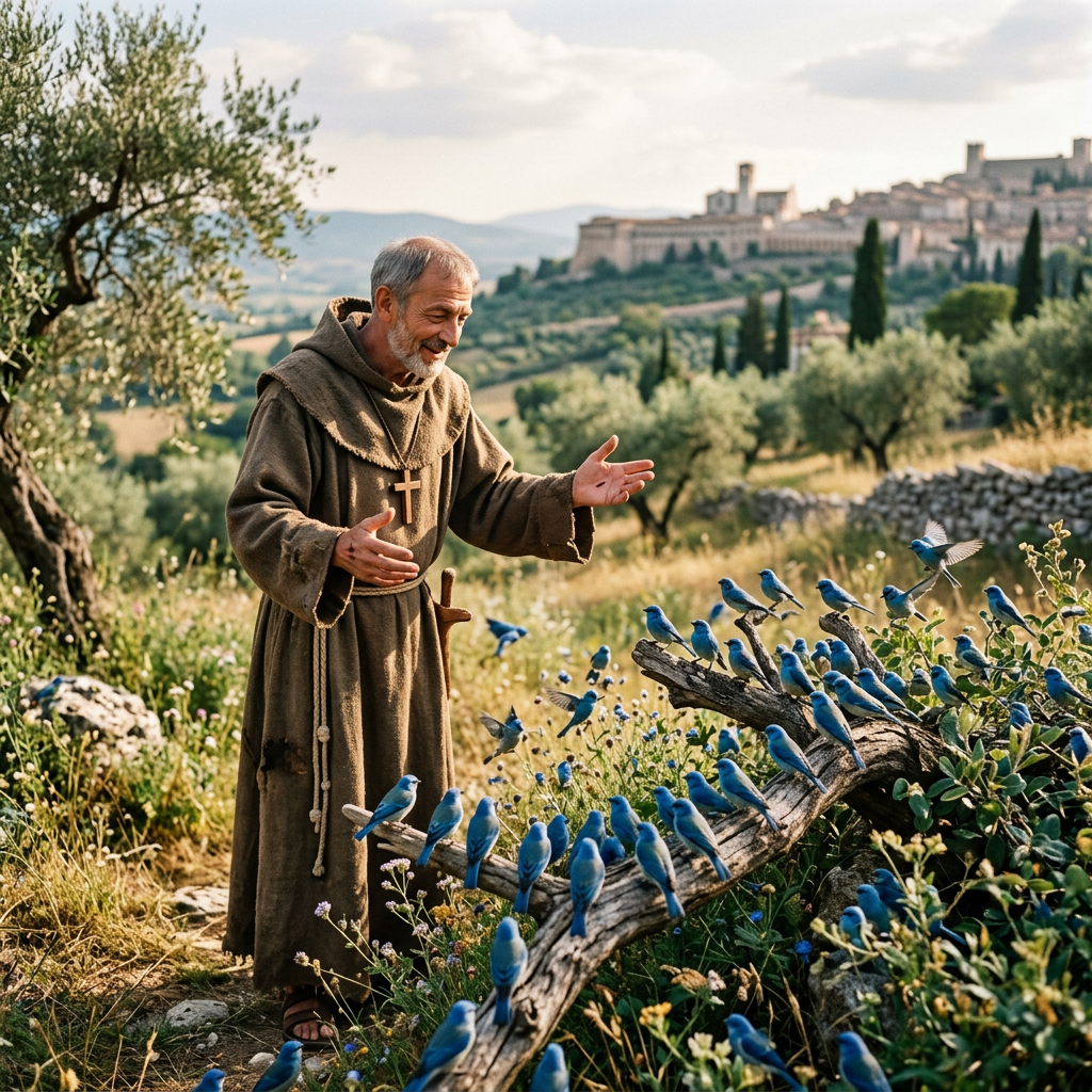 Monk in brown robe with cross, surrounded by many blue birds on a fallen tree in a lush green field