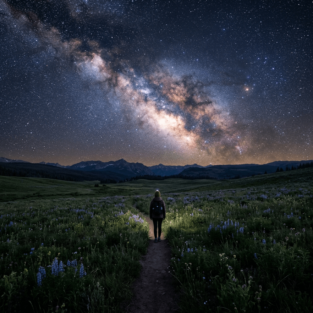 Small figure in meadow under radiant galaxy sky