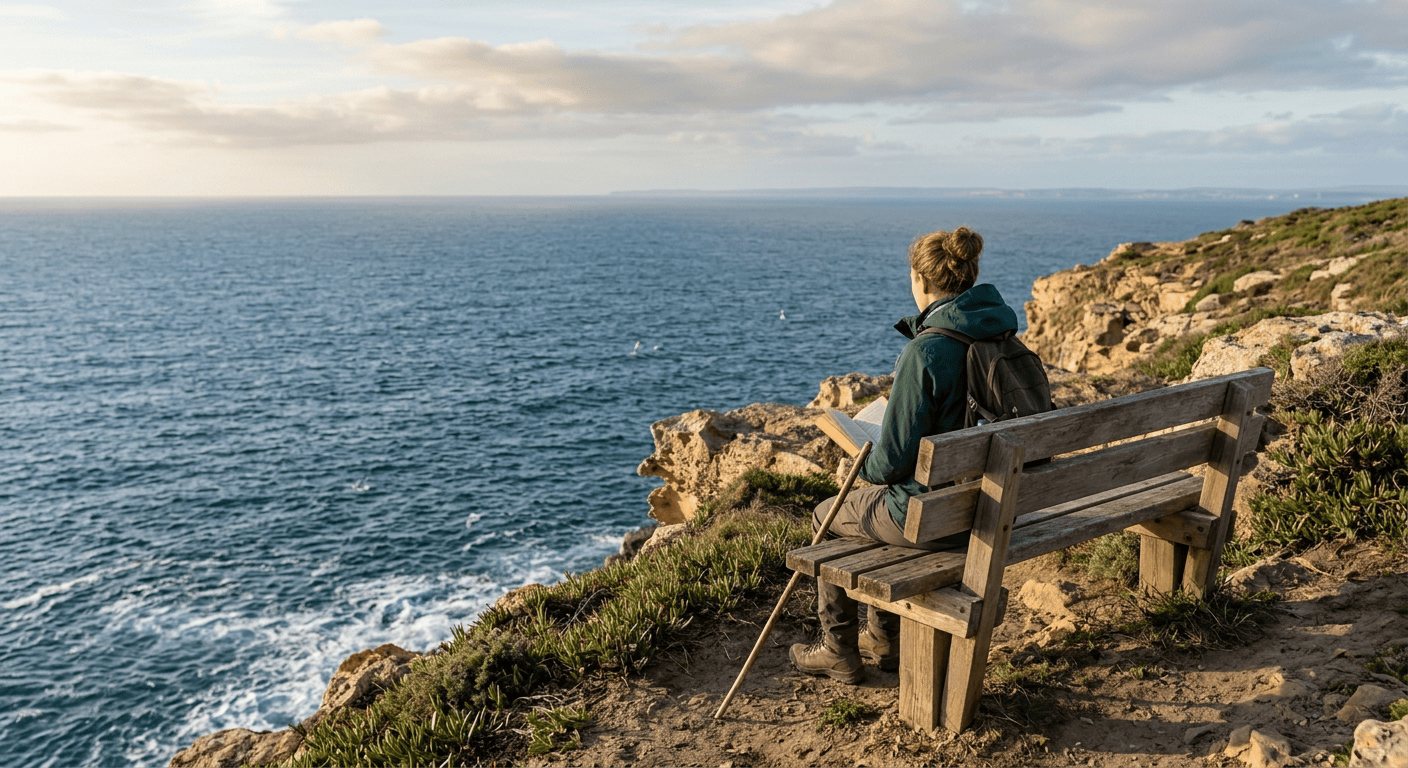 Woman reading a book on a rocky coastal cliff with ocean in background