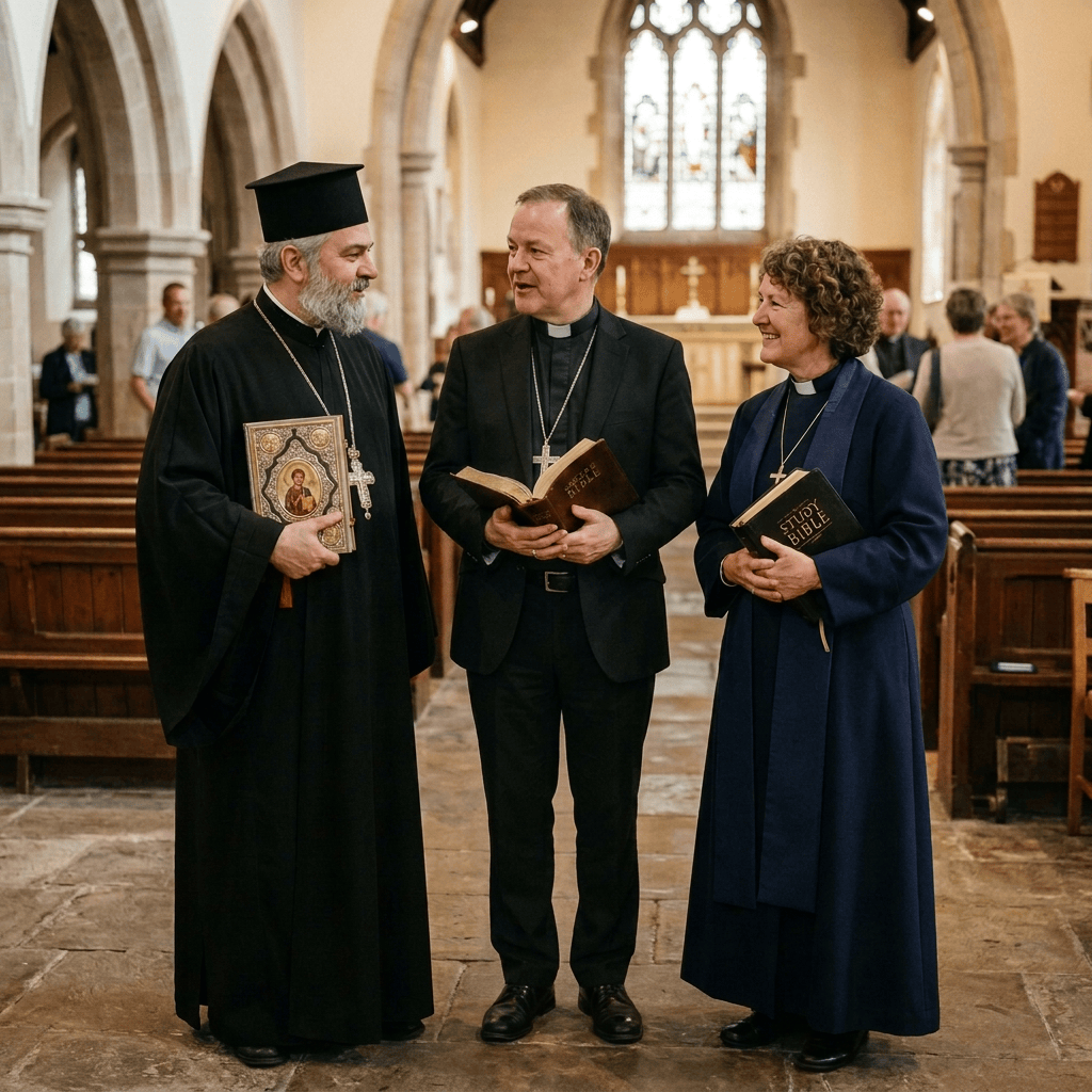 Three clergy members standing in church holding Bibles, smiling