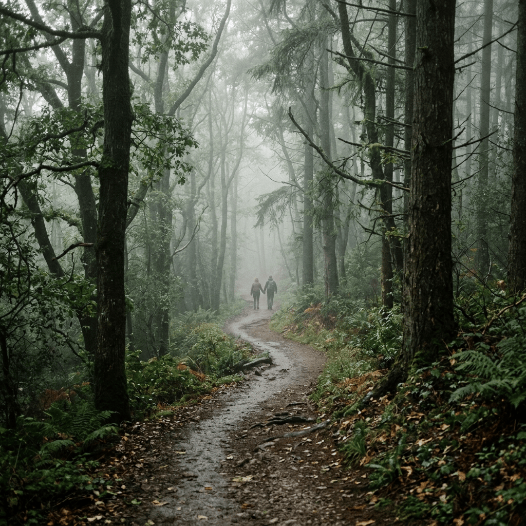 Misty forest path with two distant figures