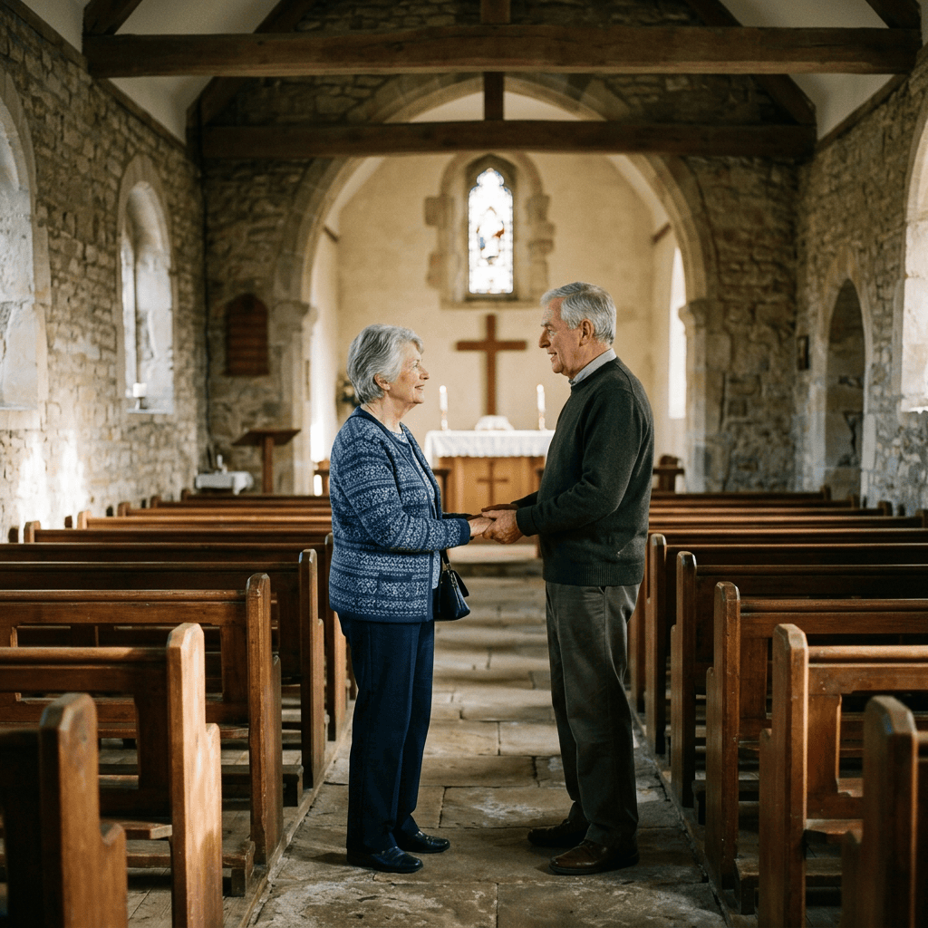 Elderly man and woman holding hands inside a stone church with wooden pews and an altar