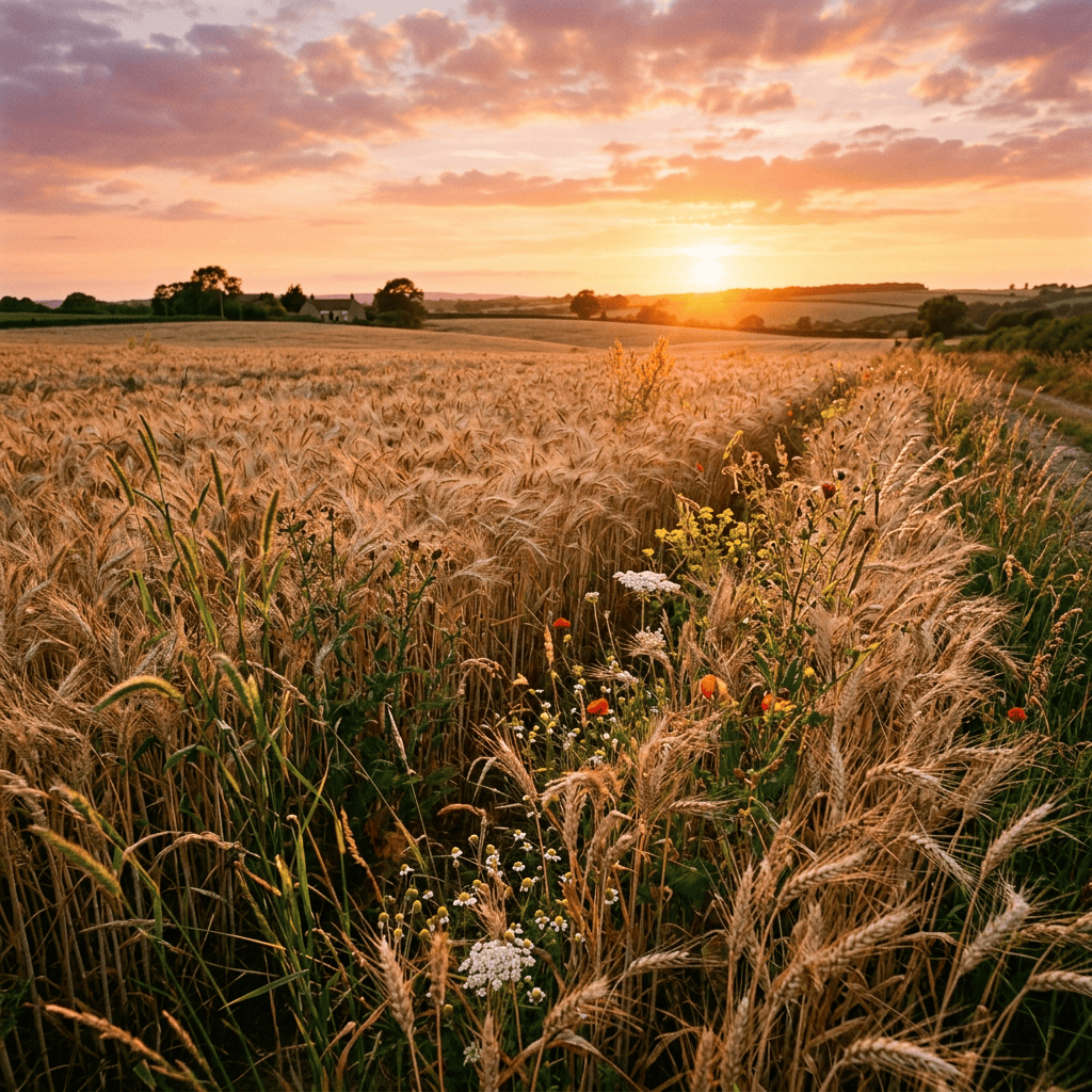 Wheat field at sunset with visible weeds
