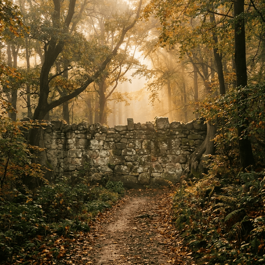 Forest trail surrounded by autumn trees with sunlight filtering through