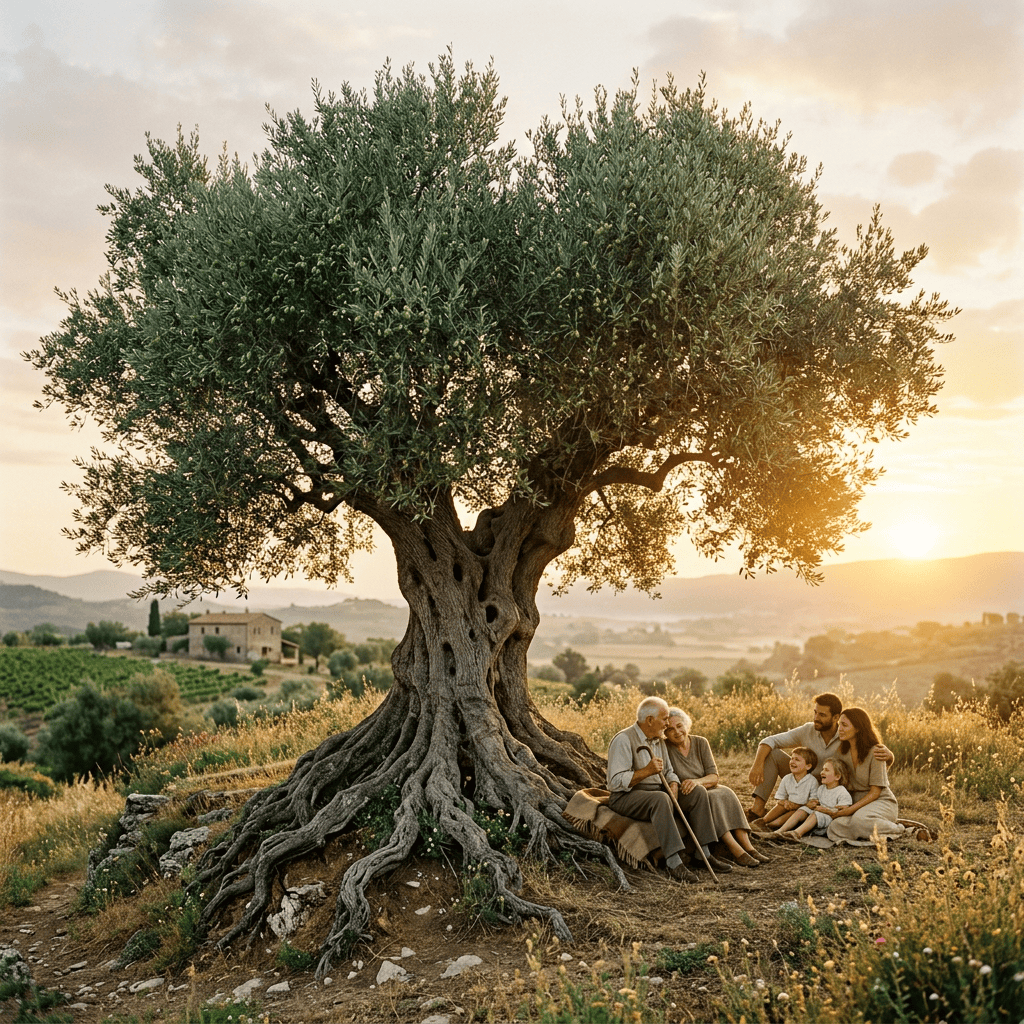 Multigenerational family sitting beneath an ancient olive tree at sunset