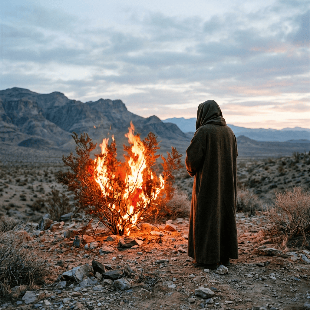 Hooded figure standing beside a blazing fire in a desert mountain landscape