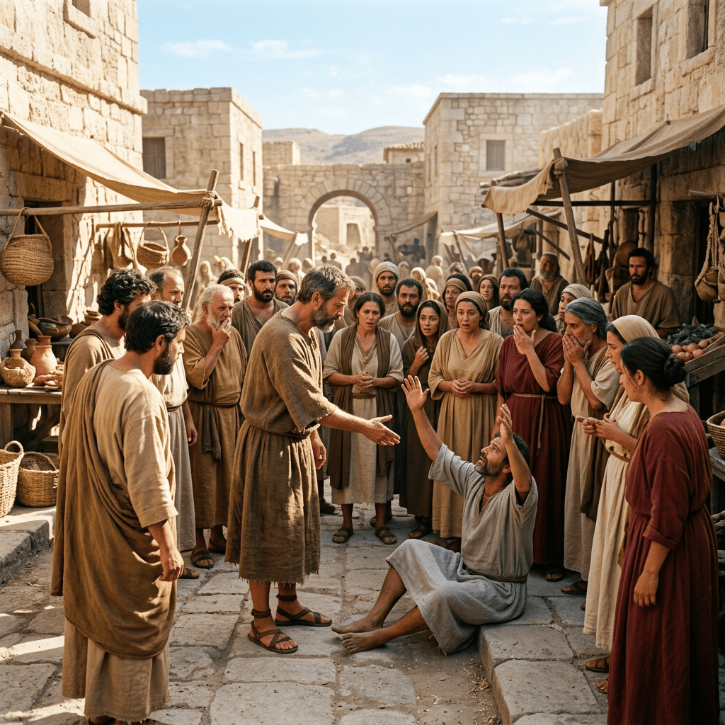 Crowd gathers around a seated man in an ancient stone marketplace